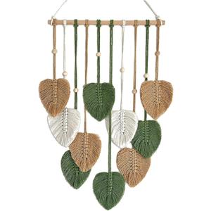 15.7x36 Inch Macrame Wall Hanging Nursery Decor Leaves Woven Tapestry Feather Handmade Yarn Tassels Boho Wall Decor for Bedroom Living Room Apartment Home Backdrop (Green)