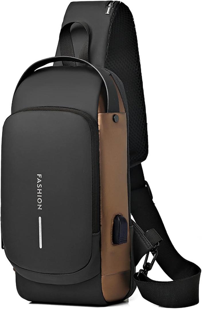 Sling Bag for Men Anti-Theft USB Crossbody Backpack Waterproof Chest Daypack | Anti-Theft, USB, Waterproof (Brown)
