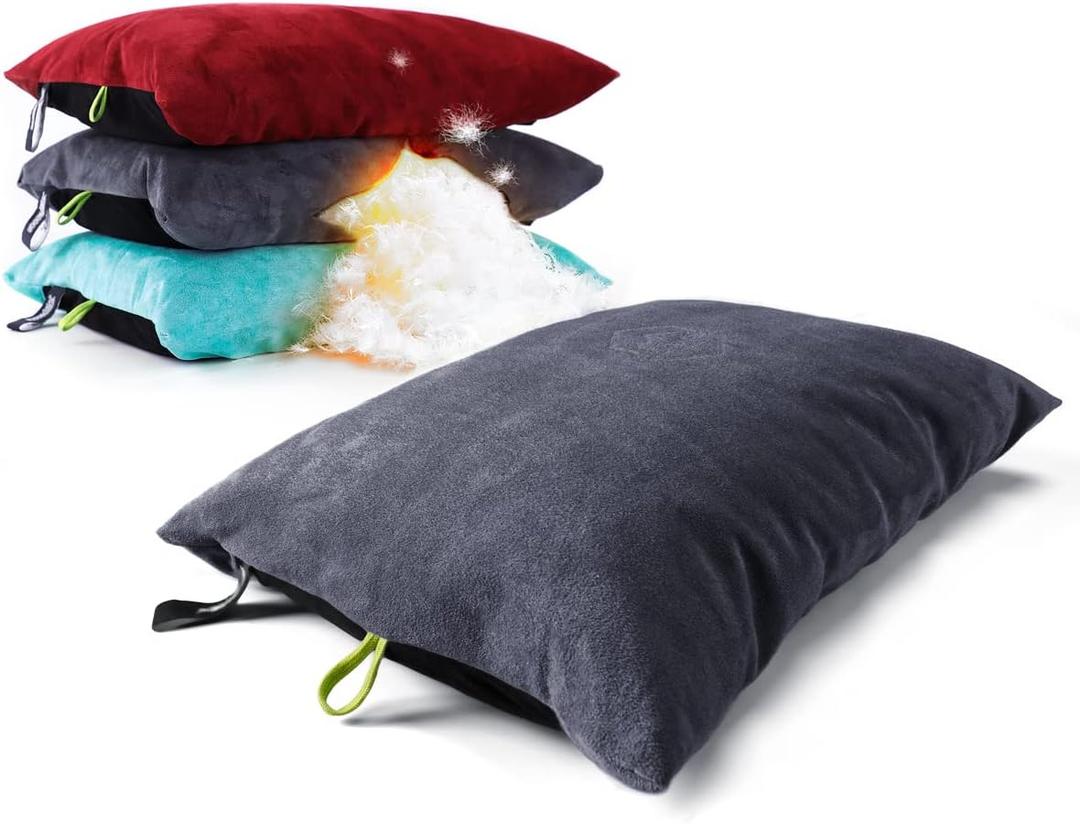 ZOOOBELIVES Down Filled Camping Pillow for Travel, Washable Soft Cover, Small Camp Cushion for Neck & Lumbar Support On-The-Go, Ultralight & Compressible for Hiking Backpacking (Gray Charcoal)