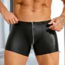 comeondear Men's Faux Leather Boxer Shorts Zipper Bulge Pouch Briefs Black Plus Size Sexy Underwear Panties