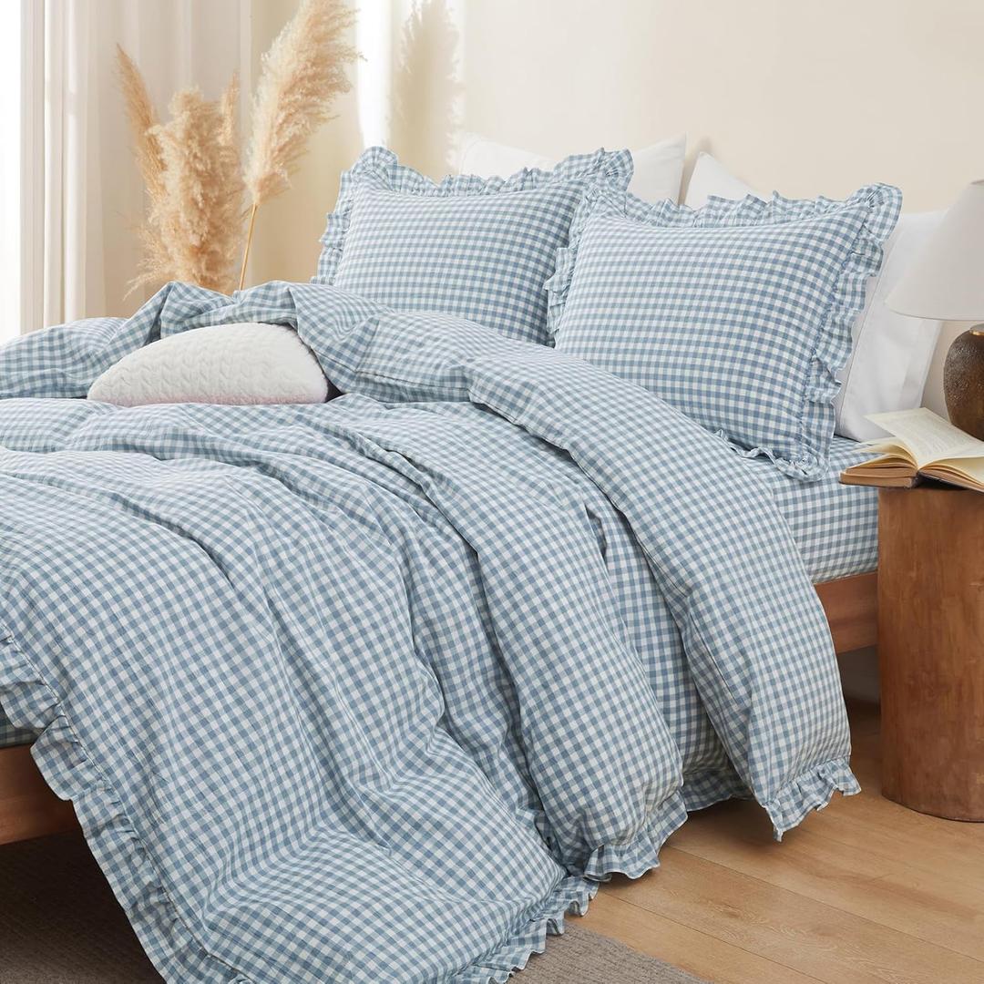 Dusty Blue Gingham Ruffle Duvet Cover King Size 3 Piece Cotton Blue Plaid Comforter Cover, Ruffled Shabby Chic Checkered Bedding Set with Zipper Closure & Corner Ties(Comforter Not Included)