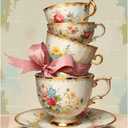 Vintage Teacups Paint by Numbers Kit for Adults - DIY Floral Tea Set with Bow Painting on Canvas 16x20 Inch, Acrylic Paint Set, Suitable for Beginners, Art for Home Decoration or Gifts