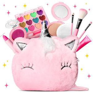 ULOVEME Kids Real Makeup Kit for Girls with Fluffy Purse - Real, Non Toxic, Washable Make Up Toy - Umicorn Toys Gift for 3 4 5 6 7 8 Years Old Girls Birthday (Pink Umicorn)
