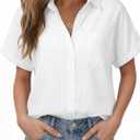 Womens Casual Cotton Linen Button Down Short Sleeve Shirts Solid Summer Beach Blouses Tops with Pocket (White, M)