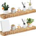 Pinkunn 2 Pack Handwoven Water Hyacinth Floating Wall Shelf 23.6 Inch Woven Wall Mounted Shelf Rustic Floating Shelves for Bathroom Bedroom Kitchen Living Room Storage Shelves Over Toilet, 23.6 x 4.7 x 2 inches