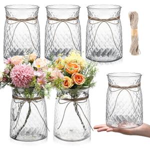 Bokon 6 Pcs 4.3 in Caliber Plastic Vases Bulk for Centerpieces Table 6.3 in Bud Vases Clear Planter for Flower with Rope Design Plant Containers for Wedding Dinning Home Decoration (Clear)