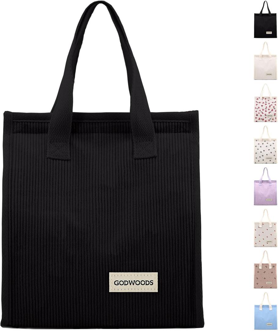 Easy-to-clean Corduroy Lunch Bag for Work, Women Reusable Lunch Tote, Insulated Large Capacity Lunch Box for Office & Travel, Leakproof & Lightweight (11" L x 5.3" W x 10" H)
