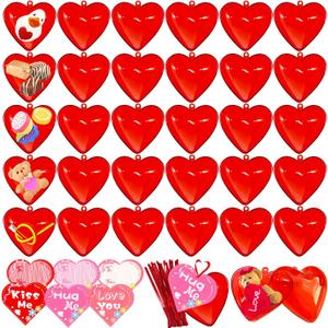 30 Pack Valentine Hearts Plastic Filled Candy Box with Cards Wires Sets,2.6 Inch Red Heart Shaped Fillable Hanging Ornament Container for Valentine Party Favor,Birthday,Wedding Supplies (Red)