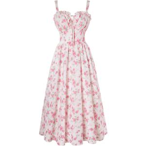 Scarlet Darkness Summer Dresses for Women 2025 Floral Corset Dress Long Milkmaid Dress (Small, Pink Roses)