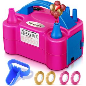 FLSEPAMB Balloon Pump, Electric Balloon Pump,Portable Dual Nozzles Electric Balloon Air Pump 110V 600W, Electric Balloon Inflator with Tying Tool, Colored Ribbons for Party Decoration (Rose-red)