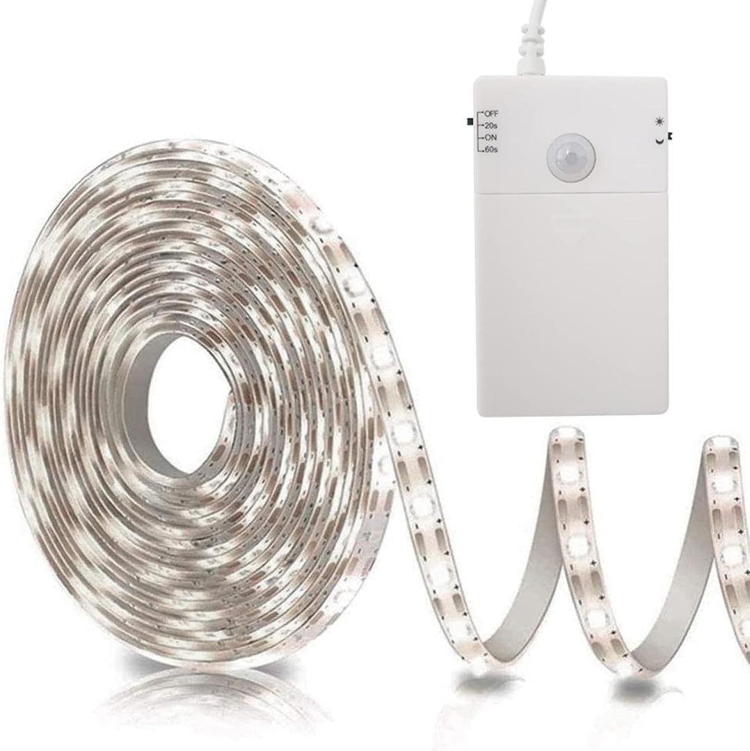 echosari Battery Operated Motion Sensor Cabinet Strip Lights, 9.8Ft 90 LED Counter Closet Strip Light, Motion & Night Sensor Safe Tape Light for Stairs Wardrobe Kitchen (Cool White)