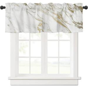 Savannan Marble Curtains Valances, Marble Texture White Gold Abstract Art Rod Pocket Cafe Valance Short Window Curtains for Kitchen, Bedroom, Living Room, 1 Panel, 54"X18"