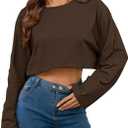 Remidoo Women's Casual Long Sleeve Cropped Sweatshirt Crewneck Pullover Shirt Brown Large