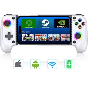 Anti-Drift & Fast-ConnectWireless Game Controller for iPhone/Android | Hall Joysticks Bluetooth Phone Controller, For Cloud Gaming, Genshin Impact, PUBG, Roblox, Call of Duty Mobile Gamers,White