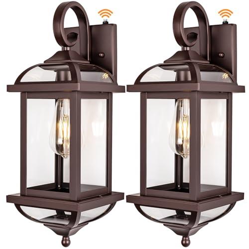 Roravilila 18” Bronze Outdoor Light Fixtures with Dusk to Dawn Sensor 2-Pack, Anti-Rust Aluminum Brown Outside Lights for House Enclosed Bottom Exterior Lighting Scones IP65 Waterproof Wall Lanterns