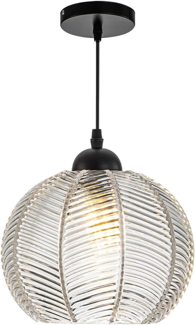 Qufute Glass Globe Pendant Lights, Clear Ribbed Glass Shade Mid Century Modern Pendant Light fixtures Pumpkin Design Black Adjustable Cord Ceiling Pendant Light Kitchen Island Dining Bedroom