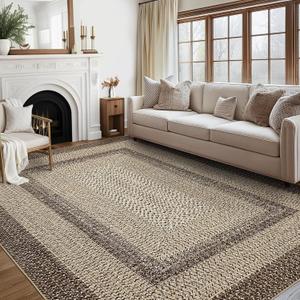 Imitation Braided Collection-Print 10x13 Area Rug for Living Room Large Washable Rug with Non-Slip Rubber Backing, Non-Shedding Stain Resistant Thin Foldable Carpet - Brown/Natural