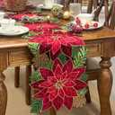 KEVA Holiday Christmas Table Runner 72 inches Long, Embroidered Red Velvet Poinsettia Cutwork Christmas Table Decorations for Home and Kitchen, Red Table Runner 13 Inch x 72Inch