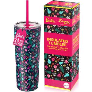 Dragon Glassware Barbie 24 oz Insulated Stainless Steel Tumbler with Lid and 2 Straws - Festive Holiday Travel Coffee Tumbler Cup to Keep Drinks Hot or Cold, Fits Cup Holders - Christmas Theme