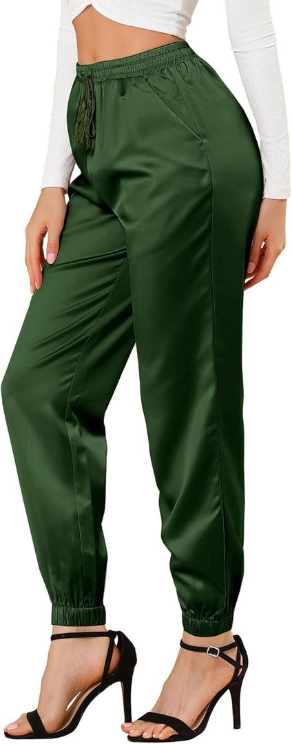 Allegra K Women's Satin Pants Drawstring Elastic Waist Straight Leg Ankle Length Dressy Joggers with Pocket X-Small Dark Green (Green, M)