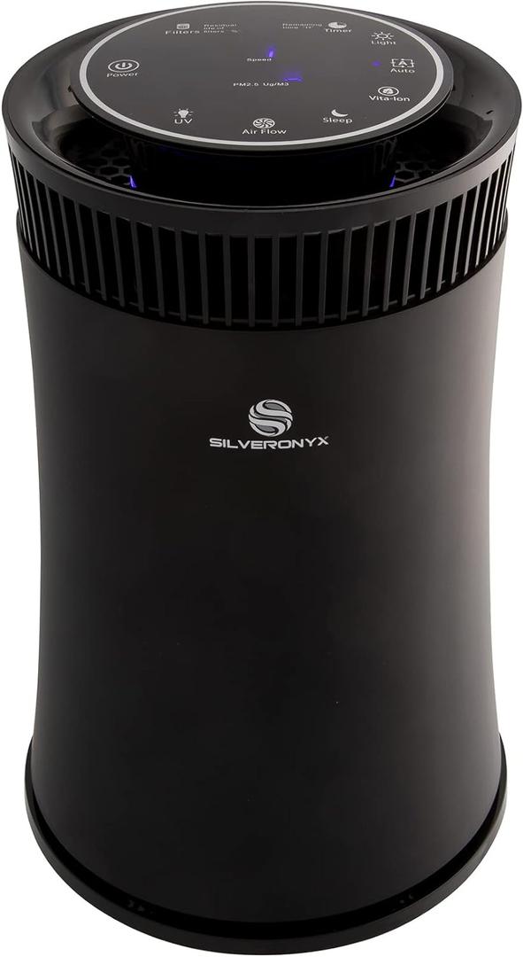 Air Purifier for Home Large Room – 5-in-1 HEPA Filter System, Covers Up to 500 Sq Ft for New Home for Allergies, Pets, Smoke, Remove Dust & Odor, Quiet, High Filtration Efficiency – SILVERONYX, Black
