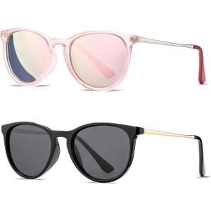 HJSTES Polarized Kids Sunglasses for Girls Boys, 100% UV Protection for Children Sun Glasses, 50MM(Pink Frame/Pink Mirrored+Black Frame/Black Lens)