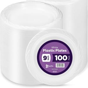 Munfix 100 Pack White Plastic Dinner Plates, 9 Inch Disposable Plates, Bulk Pack for Party, BBQ, Picnic, Parties, Travel and Events, Microwavable Recyclable