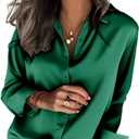Zeagoo Satin Blouses for Women Silk Button Down Shirts Long Sleeve Business Casual Tops (Medium, Evergreen)