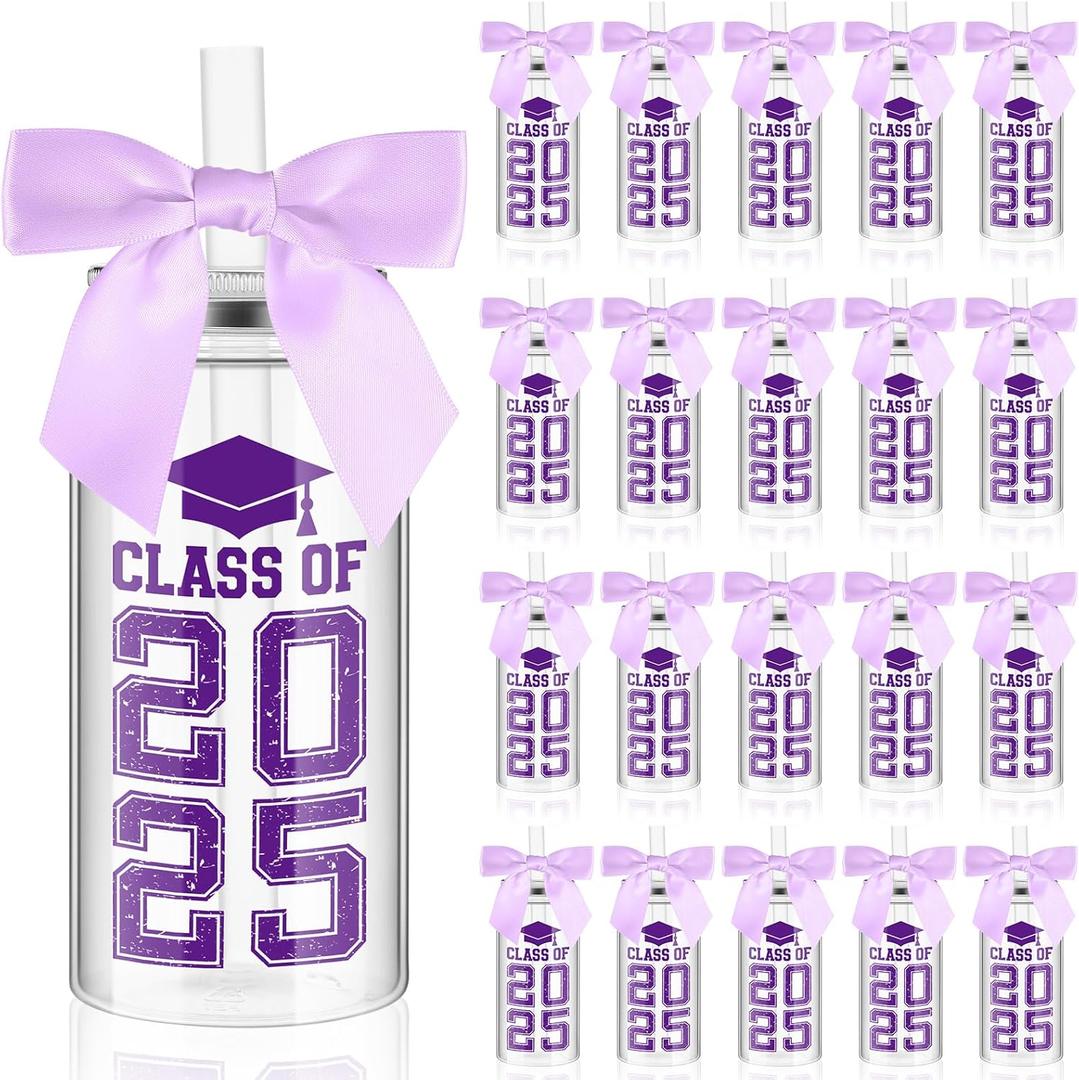 Skylety 24 Set 2025 Graduation Cups with Lid and Straw, Class of 2025 Graduation Gifts Plastic Mason Jar Tumbler Cup Bow Decorated, 12 oz Reusable Water Bottle for Grad Party Favor Decoration(Purple)