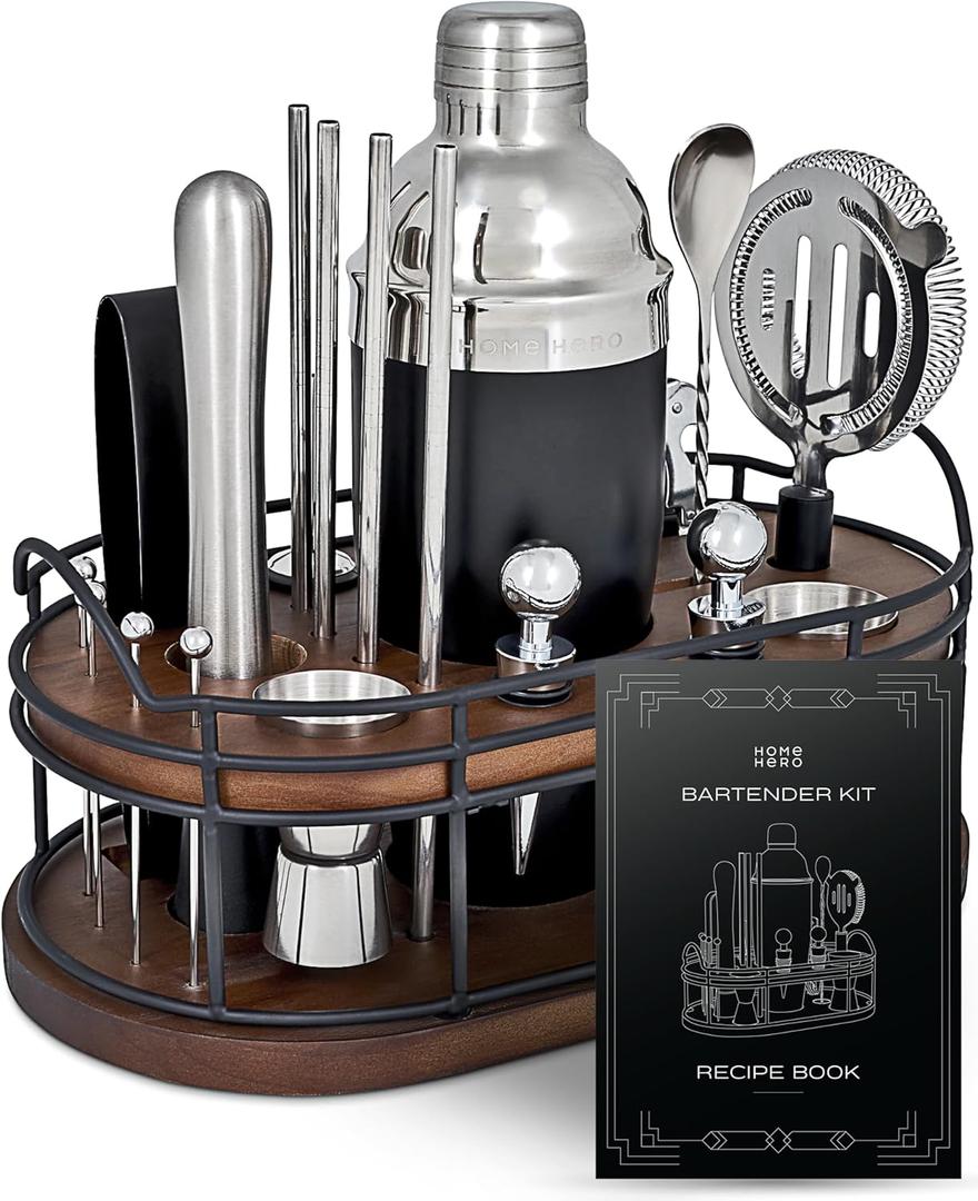 Home Hero Bartender Kit - 22-Piece Cocktail Shaker & Bar Tool Set - Wooden Stand Display & Bar Cart Accessories - Recipe Book & Housewarming Gifts - 22-Pc, Silver