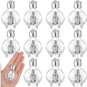 Domensi 12 Pcs Glass Holy Water Bottles 0.5 Floz Embossed Portable Glass Travel Bottles Girl Communion Church Gifts for Home Wedding Baptism Favors(Silver,Virgin Mary Devotional)