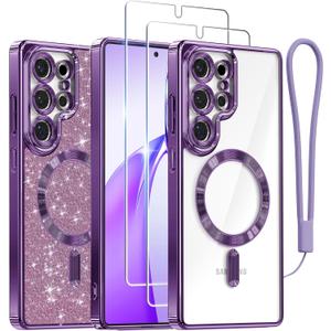 Meifigno Case Designed for Samsung Galaxy S25 Ultra 6.9 inch, [Compatible with MagSafe] [2X HD Screen Protectors] [Glitter Card & Wrist Strap] Full Lens Protection Case for Galaxy S25 Ultra, Purple