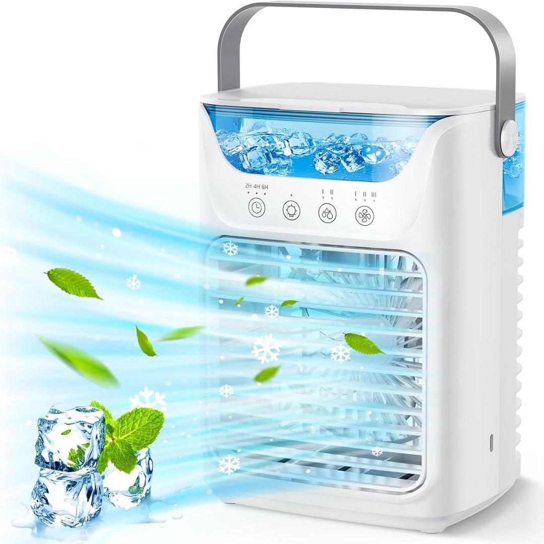 Portable Air Conditioners, Cooling Air Conditioner fan with 3 Wind Speeds 7 LED Night Light 2 spray modes, Small Air Cooler with Water Tank for Room Office Desk Outdoor Camping