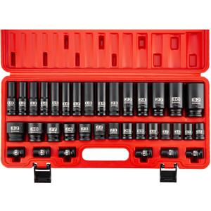 1/2" Spuare Drive 35 Piece Impact Socket Set,Metric Shallow (8-32mm) and Deep (10-32mm) Allen Sockets,Dual Size Markings,6 Point Radius Corner Design,CR-MO Alloy Steel for Auto Repair