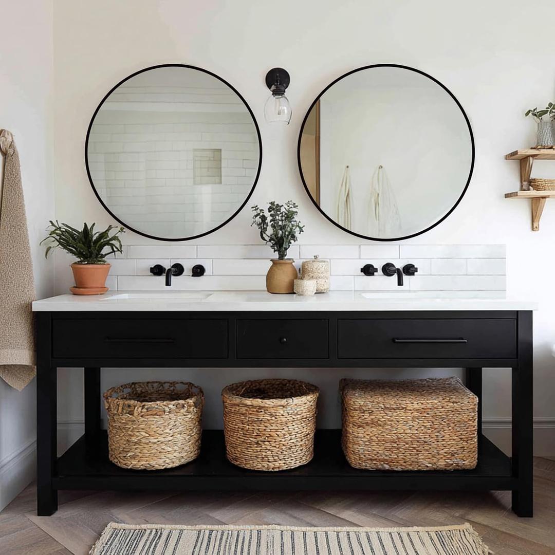 Sunniry Round Mirror 24 inch, 2 Pack Circle Mirror, Matte Black Metal Frame