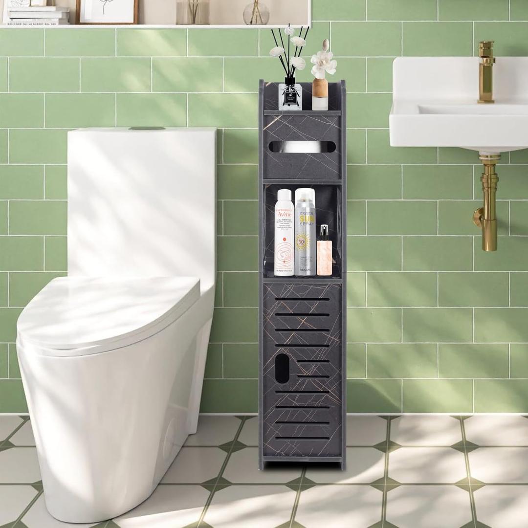 ShellKingdom Toilet Paper Holder Stand, Bathroom Storage Cabinet with Doors and Shelves, Slim Storage Cabinet for Bathroom Small Spaces Corner Floor Organizer - (Black) (31.88 x 7.5 x 6.8 inch)