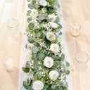TOCHGREEN 2 Pack 13Ft Artificial Eucalyptus Flower Garland with White Roses, Fake Rose Flower Greenery Garland Floral Vines for Wedding Home Party Table Runner Decor (2PCS, White)
