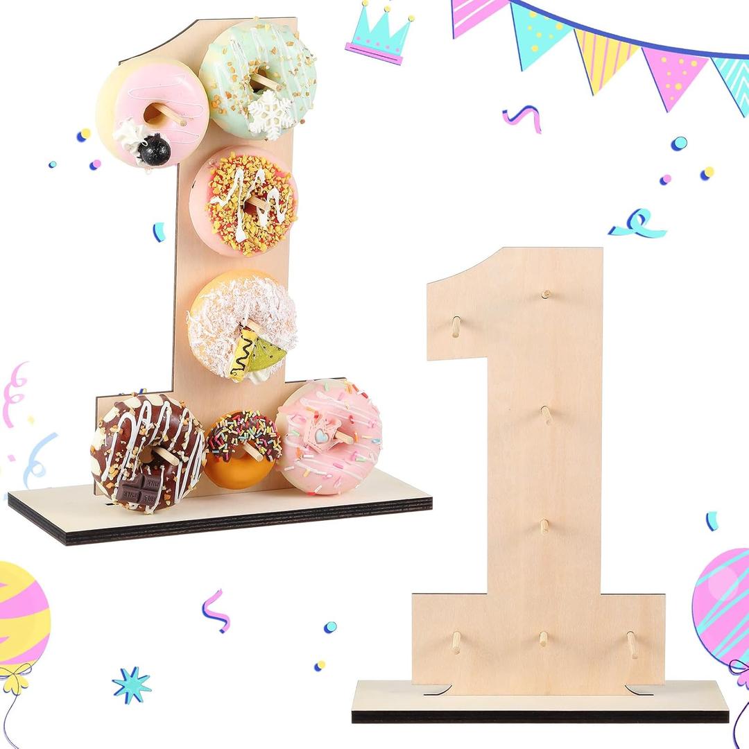 Colingmill Number 1 Letter Donut Stand Wooden Donut Wall Display Reusable Bagel Stand Holder Board for Wedding Birthday Party Baby Shower Anniversary Valentine Festival Dessert Table Decoration