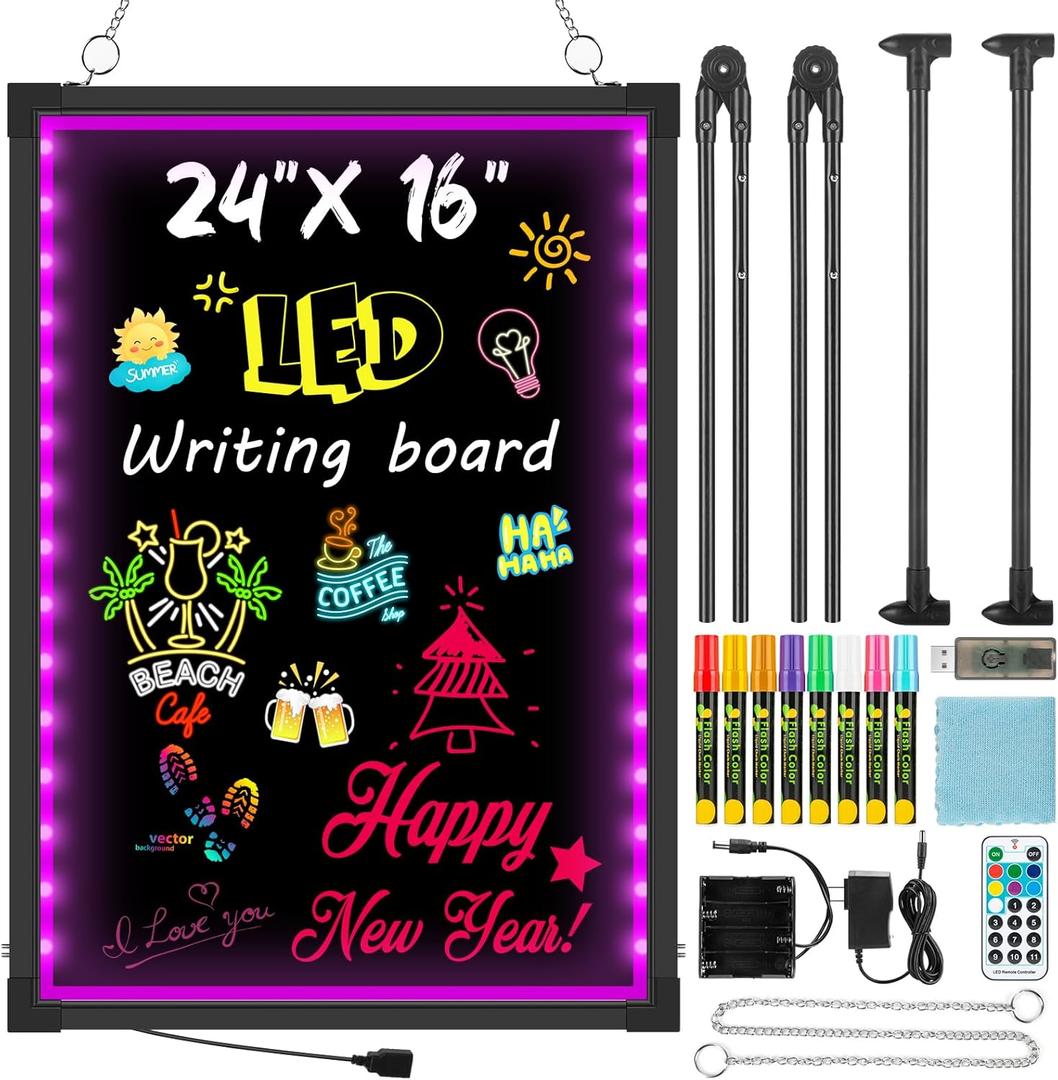 LED Menu Board, 24" x 16" LED Writing Board with Remote Control, Flashing Illuminated Neon Effect Sign Board for Menu - Includes 8 Fluorescent Chalk Markers & Eraser for Restaurant, Bar, Shop, Cafe