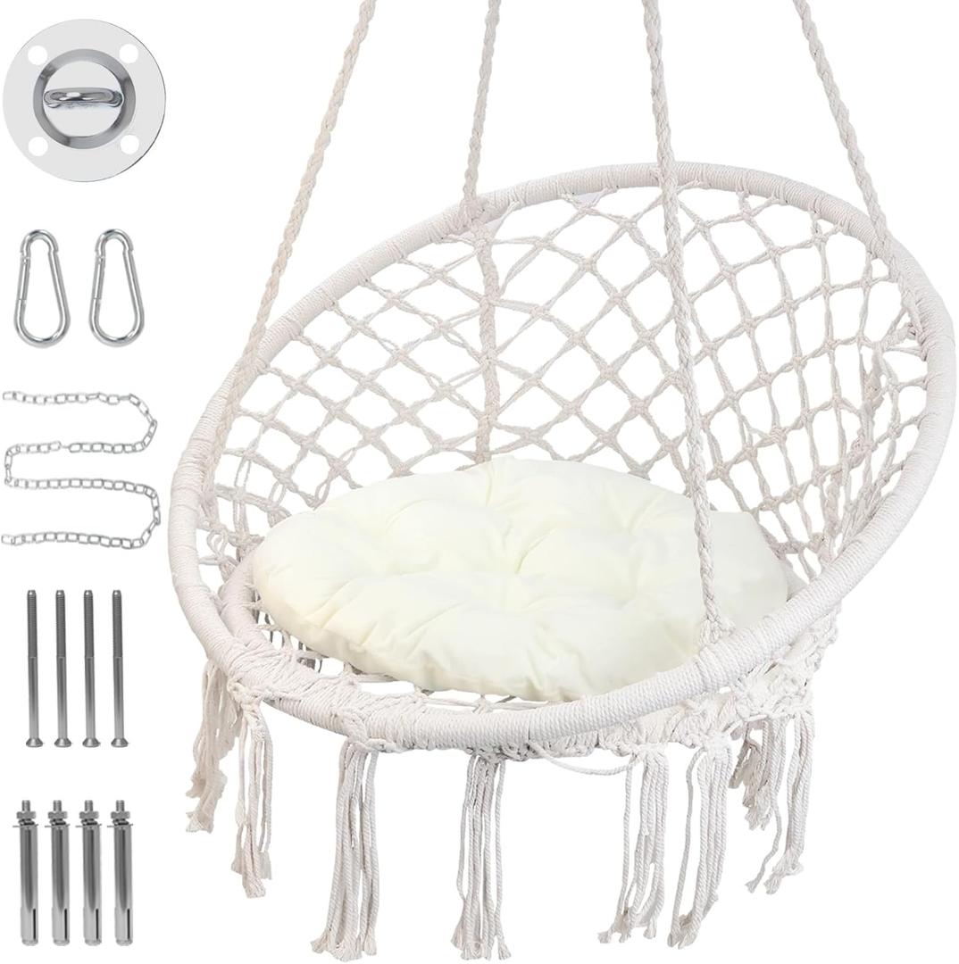 Hammock Swinging Chair,Hanging Cotton Rope Swing Chairs with Cushion and Hardware Kits, Hanging Chairs for Indoor Balcony and Outdoor Use,Perfect for Adults, Kids, Hold up to 330Lbs, Beige