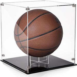 Noamus Basketball Display Case, Clear Acrylic Football Holder with Black Stand, UV Protected Soccer Ball Countertop Cube Box for Sport Collectibles, Autographed Souvenirs, Watch The Video to Assemble