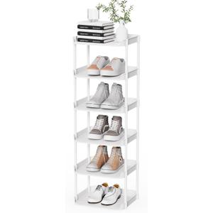 6 Tier Narrow Shoe Storage Rack, Compact Single Shoe rack Stand for Slim Space, Stackable Tall Thin Show Tower, Solid Plastic Shelves, for Hallways, Kitchens, Bedrooms Tidy Organizer, White