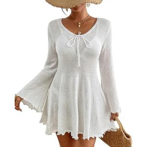 Bsubseach Crochet Bathing Suit Cover Up for Women Long Sleeve Knit Swimsuit Coverups Sexy Sun Dress White XL