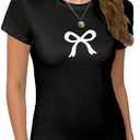 RoseSeek Women's Bow Graphic Tee Shirts Short Sleeve Crewneck Cute Going Out Tops size M