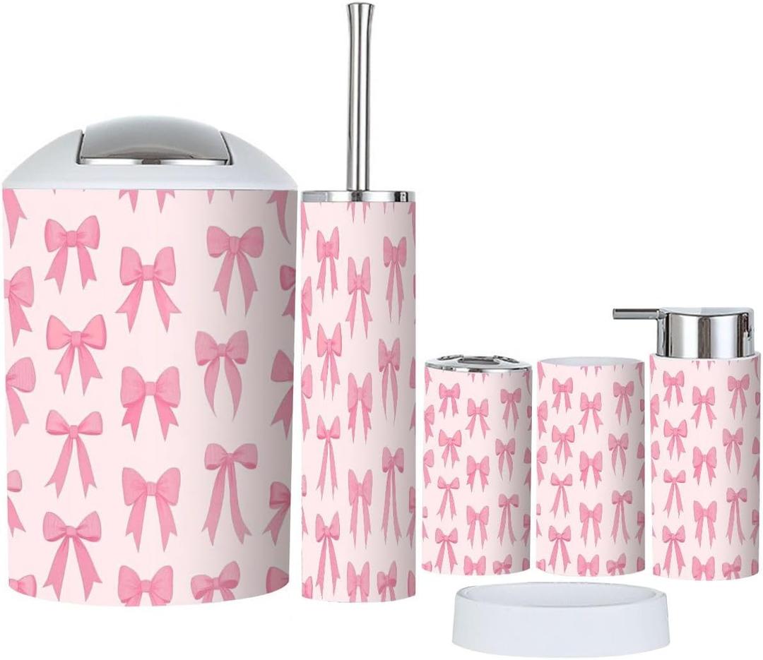 Bathroom Accessory Set 6 Piece Boho Cute Coquette Seamless Pattern Bow Delicate Pink Trendy Patterned Trash can, Toothbrush Holder, Soap Dispenser, Soap Dish, Toothbrush Cup, Toilet Brush Holder (Multi9)