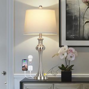 28.75" Silver Table Lamps for Living Room,Touch Lamps for Bedrooms Bedside Lamp 3-Way Dimmable Touch Control, Modern Silver Nightstand Lamp Fabric Shade Mid Century Accent StyleBulb Inclued