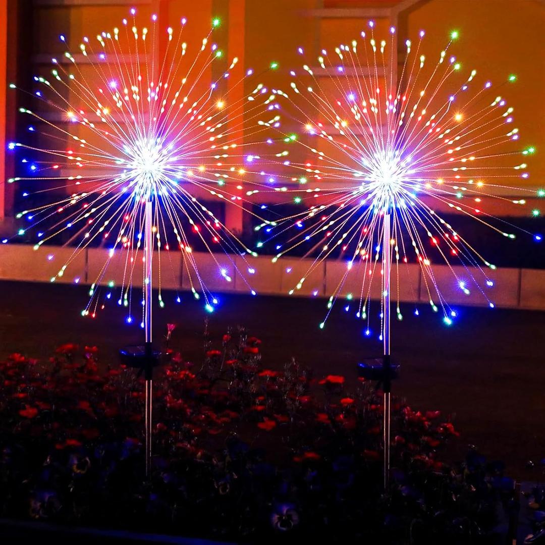 2 Pack Solar Firework Lights Outdoor - Verified 200 LED & 8 Modes - Starburst Solar Powered Garden Lights, Reinforced Durable Stakes, Waterproof Pathway Walkway Lights for Yard Patio Decor (Multicolor)