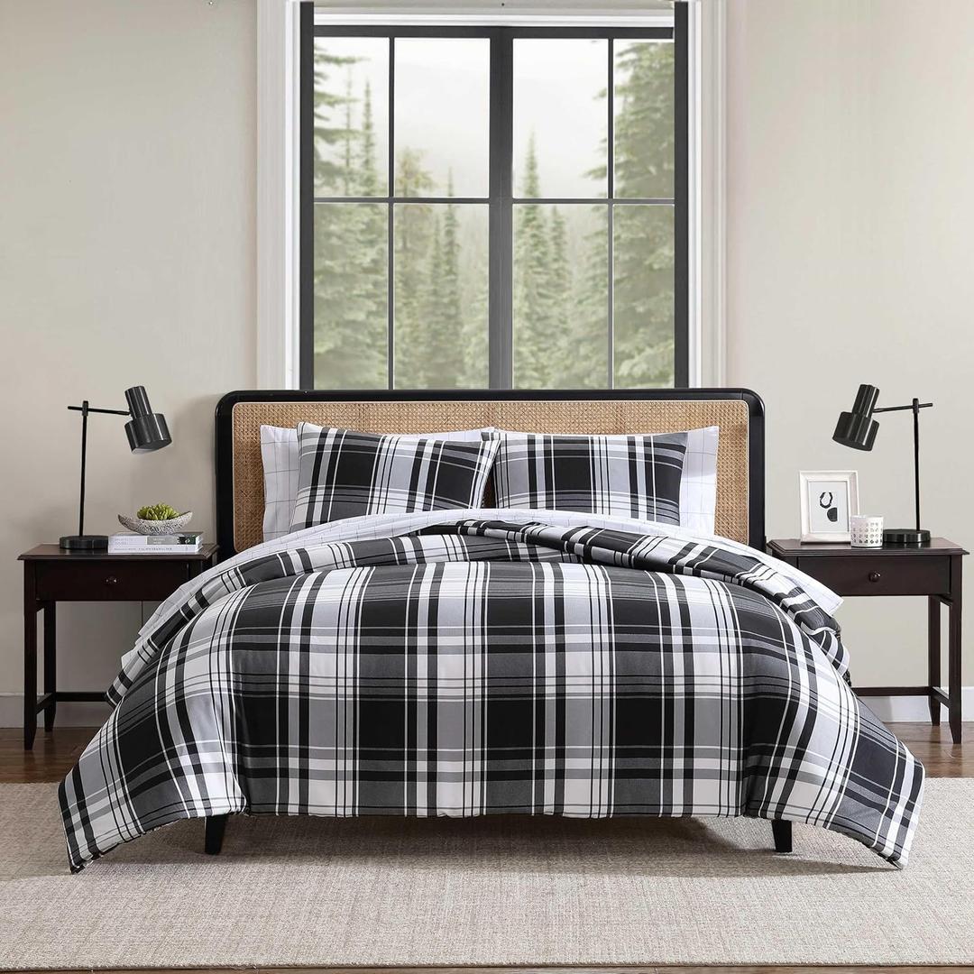 Eddie Bauer - Full/Queen Comforter Set, Super Soft Reversible Bedding with Matching Shams, Plaid Home Decor, Oeko-Tex Certified (Saddle Mountain Plaid Black, Full/Queen)