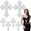 Suncalla 6 Pcs Silver Rhinestone Cross Patch Applique Crystal Cross Iron On Patches Sew on Clothing Patches for Clothes Bag Dress Jacket Repairing Mixed Size