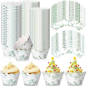 Domensi 100 Pcs Eucalyptus Cupcake Wrappers Rustic Cupcake Liners Green Tulip Baking Cups Baking Liners for Wedding Bridal Baby Shower Birthday Party Supplies Dessert Decoration
